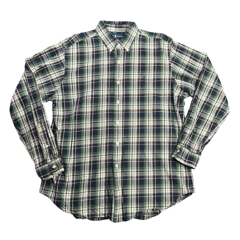 Ralph Lauren Men's Large Classic Fit Plaid Casual Button‎ Down Shirt Green Navy